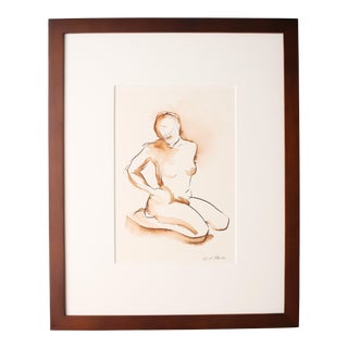 Sepia Ink Female Nude Figure Drawing by Michelle Arnold Paine, Framed For Sale