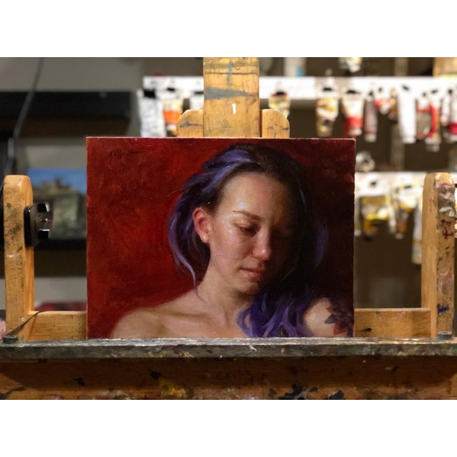 Study of Erin by Karen Offutt | Oil on panel portrait of a woman with purple hair For Sale