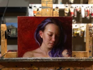 Study of Erin by Karen Offutt | Oil on panel portrait of a woman with purple hair