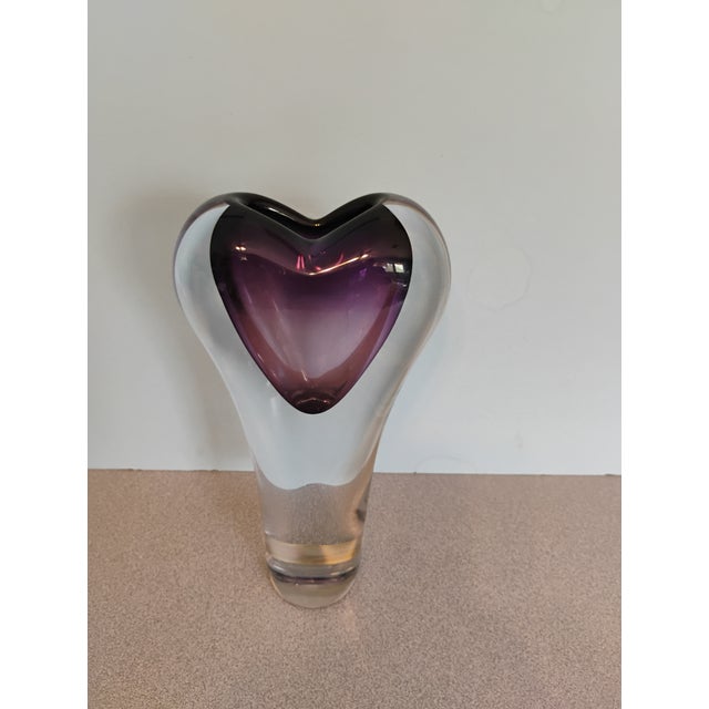 Svoboda Karlov stunning hand blown Art Glass vase. Clear Glass with encased purple heart at top. Measures 5" across and...