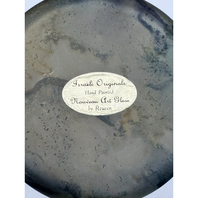 Charcoal Israeli Originals Vintage Hand Painted Art Nouveau Glass Vase by Reuven, Marked For Sale - Image 8 of 8