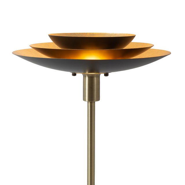 Nova Torchiere Floor Lamp - Rancho Mirage, Matte Black & Gold-Leaf Shade, Weathered Brass, Black Marble Base, Dimmer For Sale - Image 4 of 12