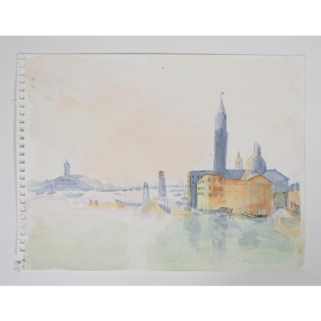 Late 20th century watercolor on paper painting of european city and harbor. Unsigned. Unframed.