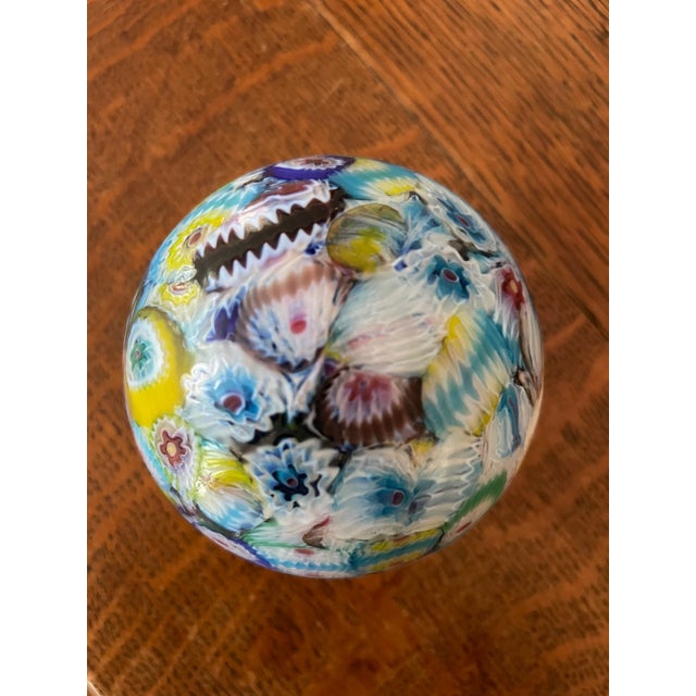 Murano Vintage - Mid Century Murano Millefiori Art Glass Paperweight in Aqua and Jewel Tones For Sale - Image 4 of 9