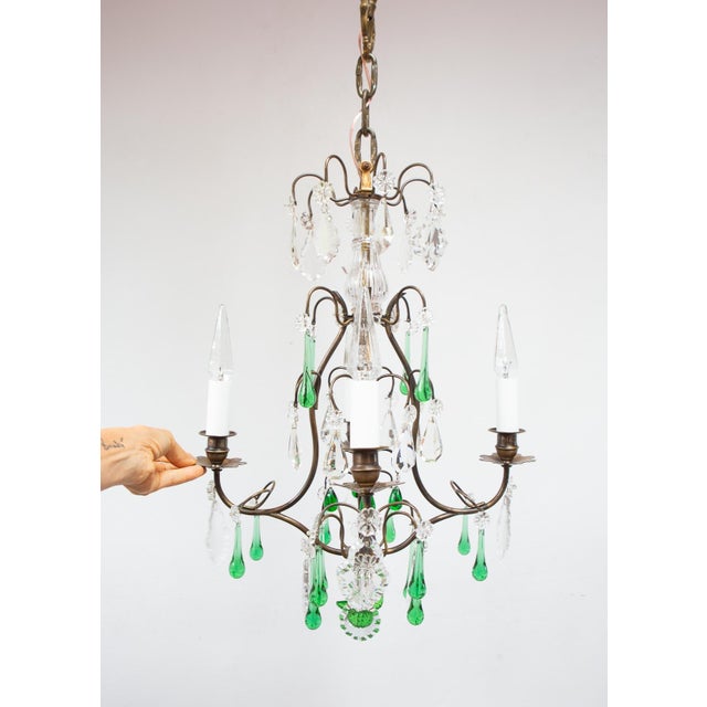 French Chandelier in Brass with Green Crystals, 1920s For Sale - Image 9 of 10