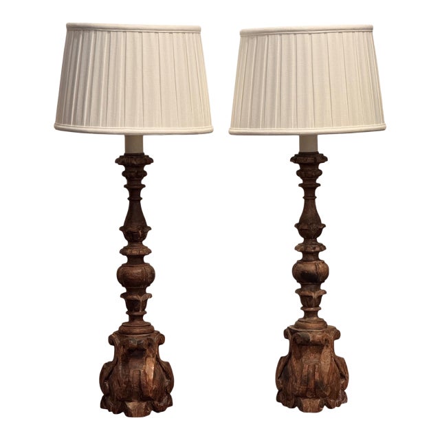 19th Century Carved Altar Stick Table Lamps - a Pair For Sale
