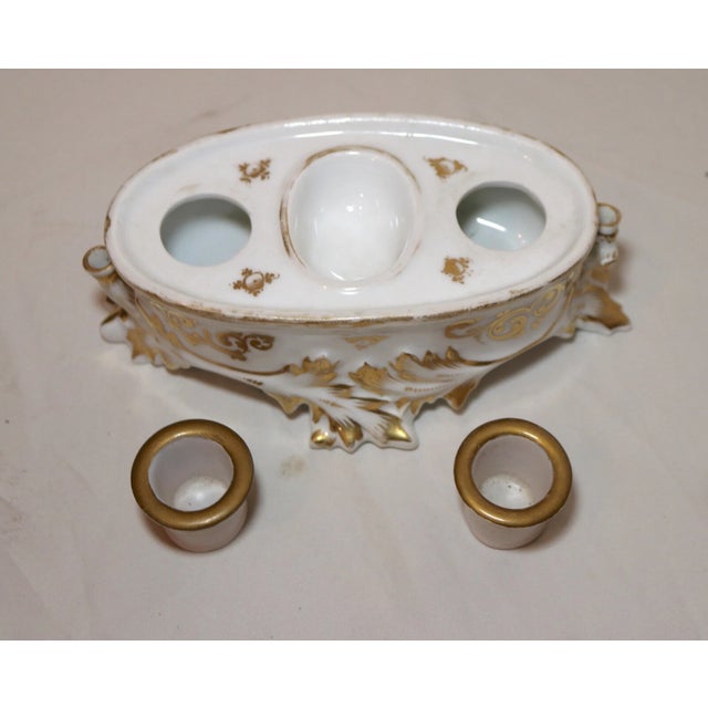 Antique 19th Century Hand Painted Gold Gilded Porcelain Writing Stand Inkwell For Sale - Image 11 of 11