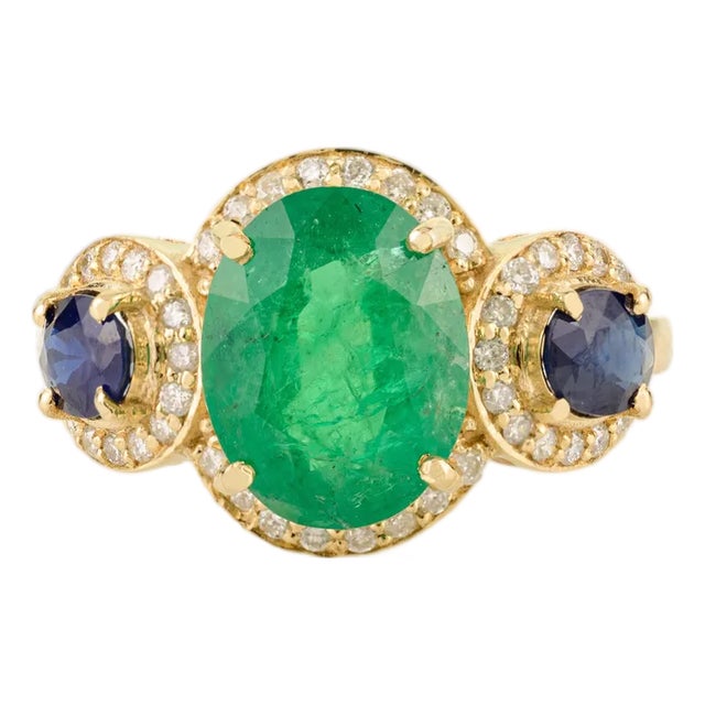 Contemporary 14k Emerald Sapphire & Diamond Gold Wedding Ring Size 6 For Sale