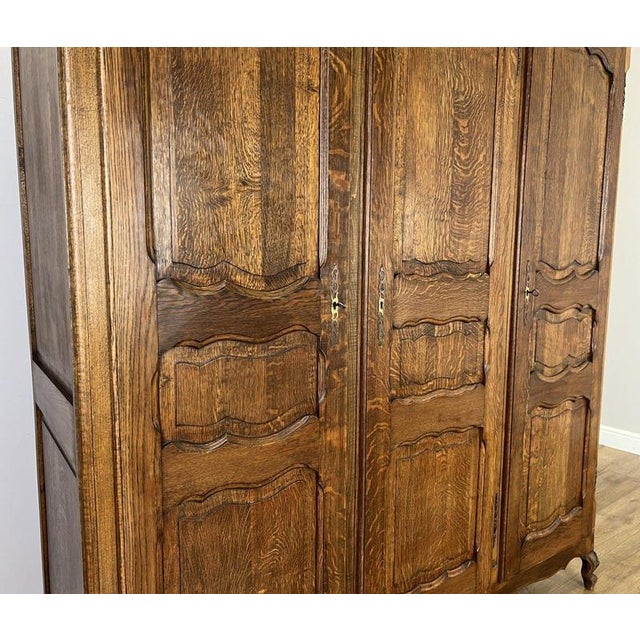 Vintage French Louis XVI Style Carved Oak 3-Door Wardrobe For Sale - Image 9 of 16