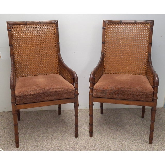 Palecek Hollywood Regency Style Double Cane Upholstered Armchairs For Sale - Image 17 of 18