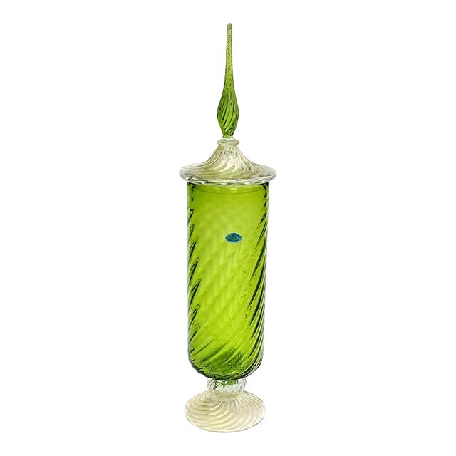 Vintage Murano Decanter Green Gold Flecks Italian Art Glass Midcentury Lidded Candy Jar With Labels For Sale