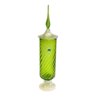 Vintage Murano Green Gold Flecks Italian Art Glass Midcentury Decanter Lidded Candy Jar With Labels For Sale