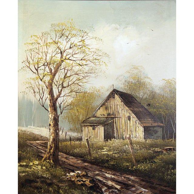 Vintage Original Oil Painting Rustic Barn Landscape, Signed Hopkins, Gilt Frame For Sale - Image 4 of 6