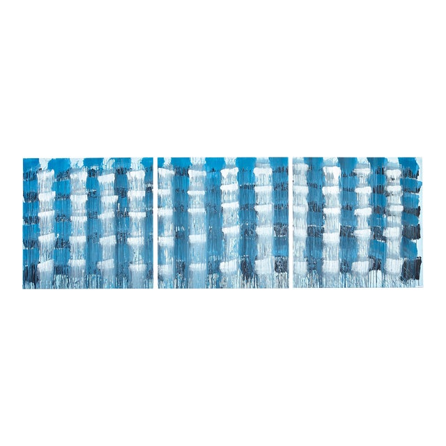 "Blue Clouds Grey" Large Abstract Triptych Acrylic Painting by Simon Findlay For Sale