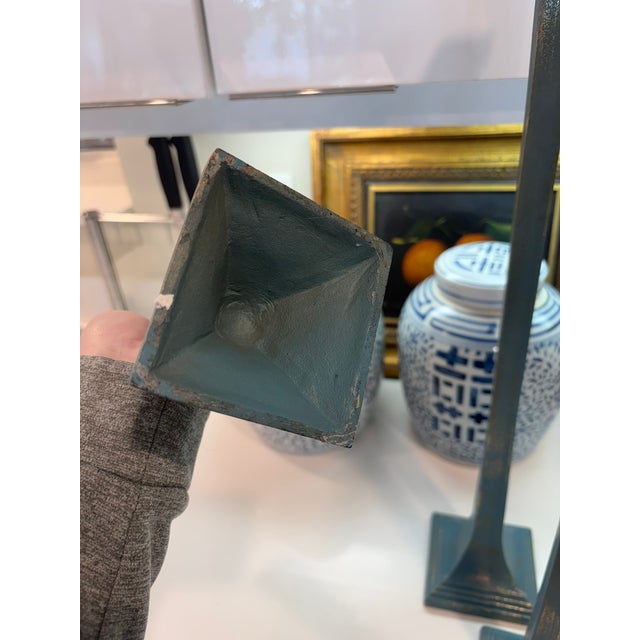 Dusty Blue Patinated Metal Candlesticks With Antiqued Gold Highlight Set of 3 For Sale - Image 13 of 14