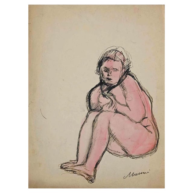 Mino Maccari, Crouched Nude, Drawing, Mid 20th Century For Sale