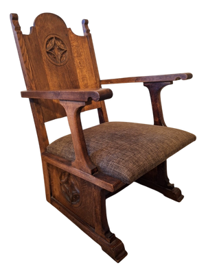 Antique Arts and Crafts Carved Oak Armchair, 1910s