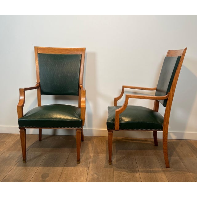 Neoclassical 1940s Pair of oak and leather armchairs by De Coene Frères For Sale - Image 3 of 12