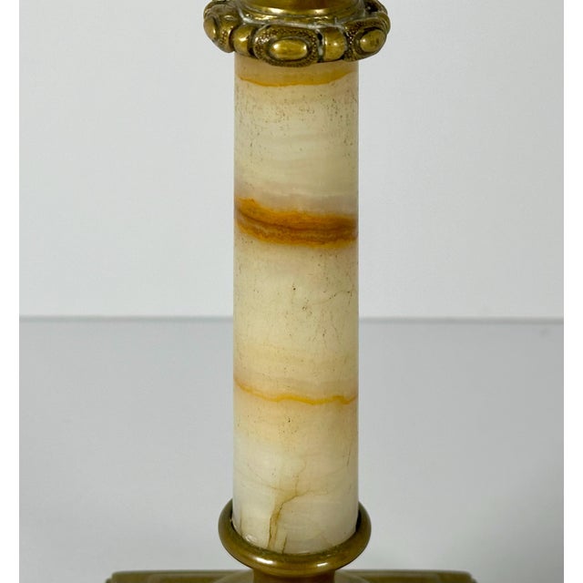 Victorian Oil Lamp: Onyx & Brass Base with Iridescent Art Glass, c. 1870 For Sale - Image 6 of 10
