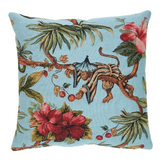 Tropical Monkey Blue Tapestry Cushion With Feather Filler - 46x46cm (18"x18") For Sale