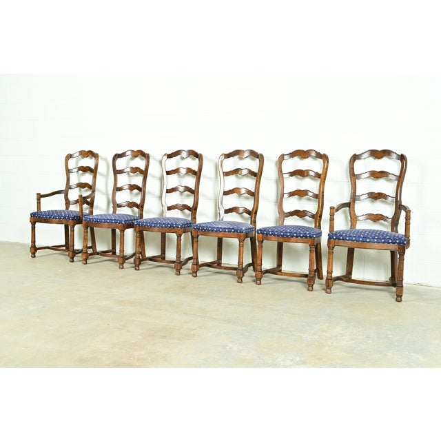 French Provincial Century Furniture French Country Carved Solid Oak Ladder Back Dining Chairs, Set of Six For Sale - Image 3 of 13