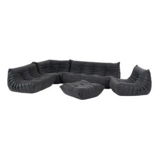 Authentic Ligne Roset Togo 5-Piece Sectional Set in Monolith Black Leather For Sale