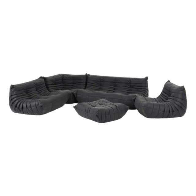 Authentic Ligne Roset Togo 5-Piece Sectional Set in Monolith Black Leather For Sale