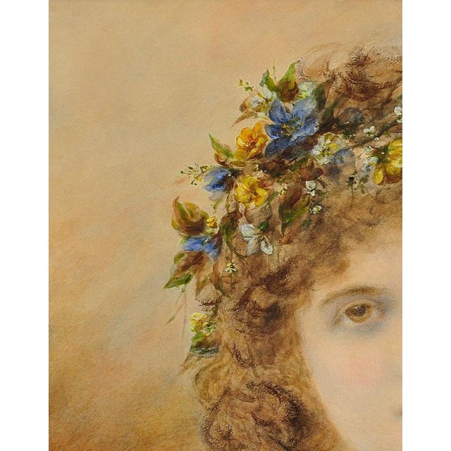 Alice Anne Renshaw, Portrait of a Young Lady with Springtime Flowers in Her Curls, Watercolour & Gouache, 1800s For Sale - Image 6 of 18