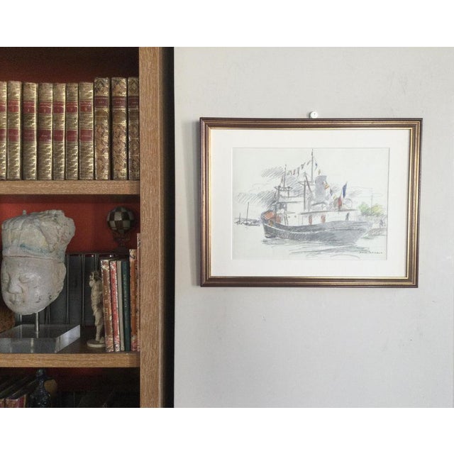 Jean Lachaud, Breton Tuna Boat at Quay, Signed Color Pencil Drawing For Sale - Image 4 of 5