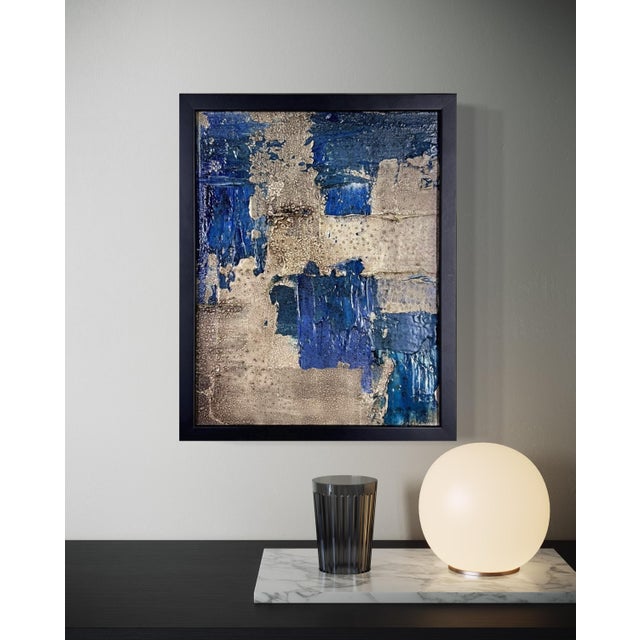 Original abstract painting by J. Kent Martin featuring layered cobalt blue, gray, cream, and warm neutral tones in a...