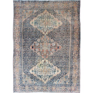 Fine Antique Persian Seneh Rug in Steel & Gray Blue Background and Multi Colors For Sale