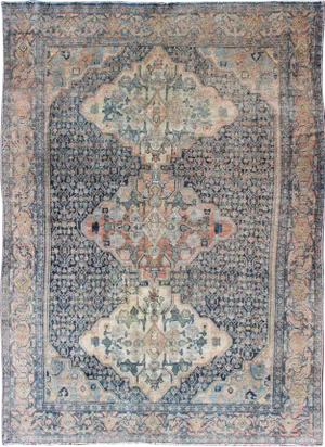 Fine Antique Persian Seneh Rug in Steel & Gray Blue Background and Multi Colors