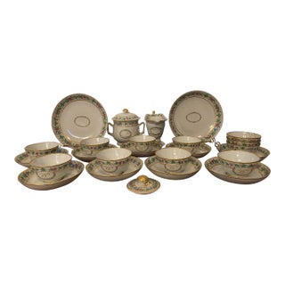 Antique 1790 Chinese Export Pink, Green and Gilt Hand Painted Monogrammed Tea Service - 25 Piece Set For Sale