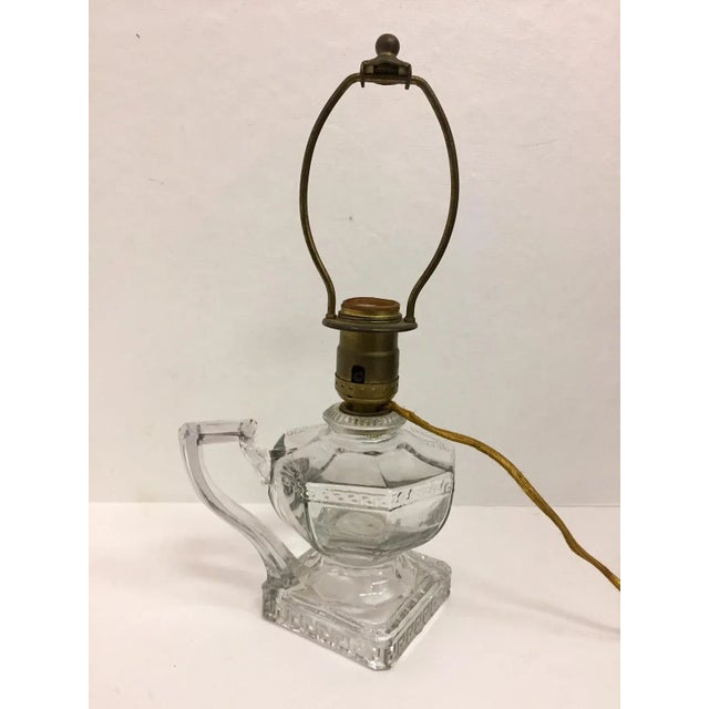 Antique Greek Key Pressed Glass Electrified Oil Lamp For Sale In West Palm - Image 6 of 12