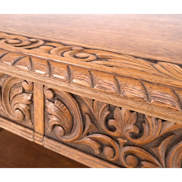 Heavily Fine Carved Oak Small Partners Desk Console Writing Table Mint For Sale - Image 11 of 18