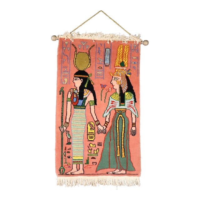 Vintage Egyptian Revival Handwoven Wool Pictorial Carpet Rug Tapestry Wall Hanging Colorful For Sale