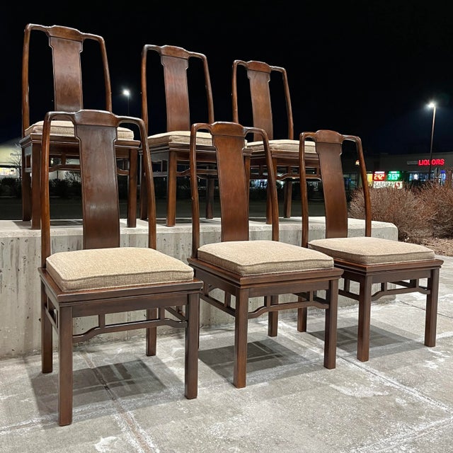 Set of six Chinoiserie mahogany dining chairs in dark walnut finish seats newly recovered from Drexel Heritage, circa mid...