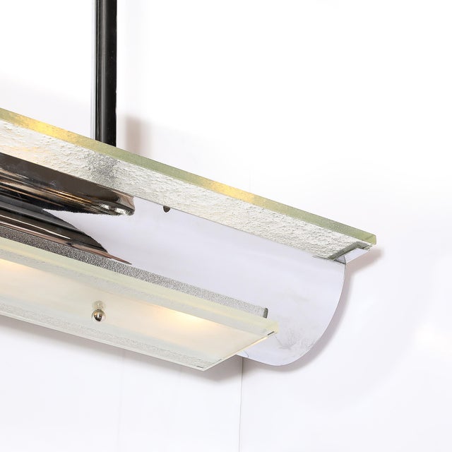 Art Deco Style Streamlined Machine Age Two Tier Mottled Glass & Chrome Pendant For Sale - Image 9 of 10