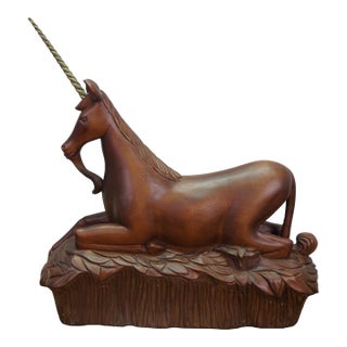 Vintage Korean Brass Teak Hand Carved Unicorn Sculpture Statue 19" For Sale