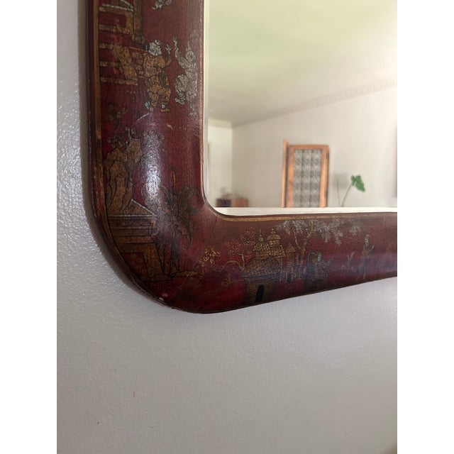 Glass 1950s Hand Painted Leather Over Wood Chinoiserie Mirror For Sale - Image 7 of 7
