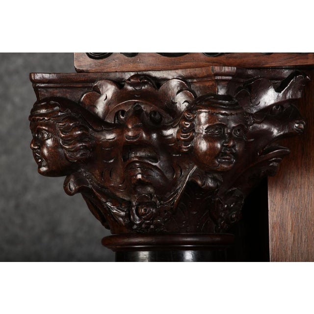 Wood Baroque Cabinet Amsterdam Schapp, 5 Ebonized Columns, Pillow Fillings, Carved Chapters - Doors - Cornice, Secret Compartment, on High Feet, 1880 For Sale - Image 7 of 18