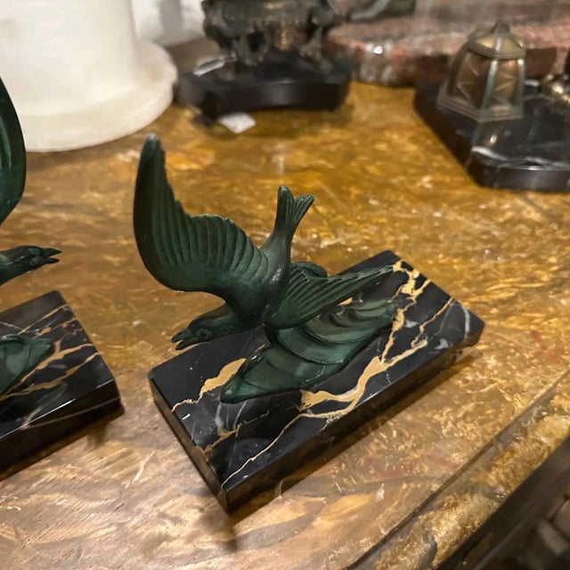 1930s Art Deco Marble and Green Metal French Birds Bookends - a Pair For Sale - Image 9 of 10