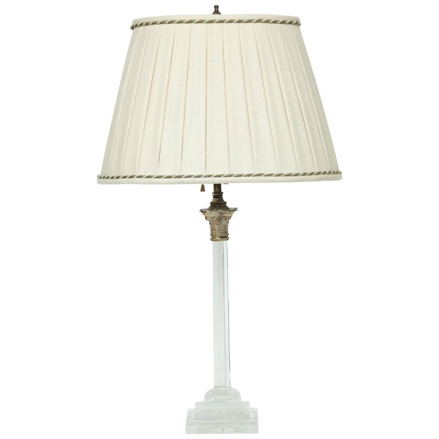 Solid Glass Columnar Lamp With Silvered Corinthian Capital-Hand Sewn Pleated Linen Shade For Sale
