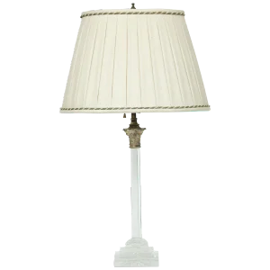 Solid Glass Columnar Lamp With Silvered Corinthian Capital-Hand Sewn Pleated Linen Shade