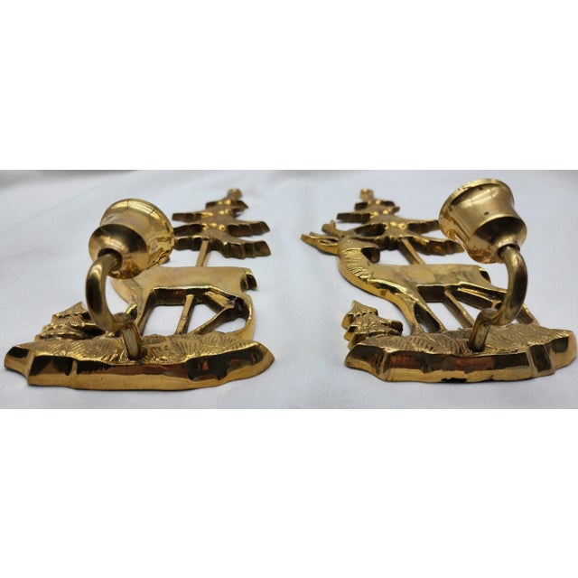 1950s Brass Deer & Pine Tree Candle Sconces- a Pair For Sale - Image 4 of 7