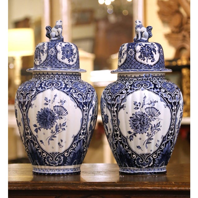 Pair of Blue and White Faience Royal Sphinx Delft Ginger Jars With Foo Dog Lids For Sale - Image 4 of 12
