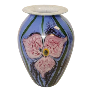 Art Glass Hand Blown Vase Blue with Pink Flowers Signature Illegible