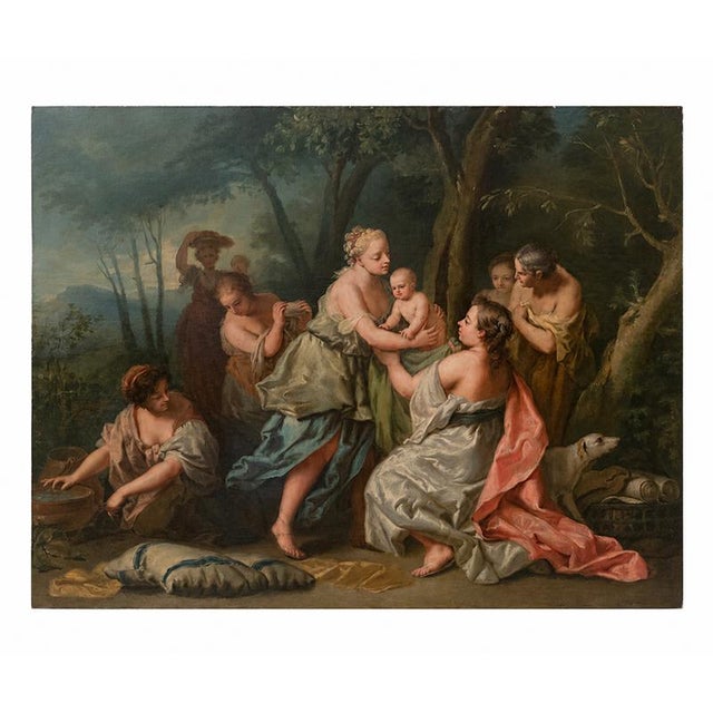 The mythological scene shows the nymphs discovering the infant Adonis born from the trunk of a myrrh tree. The painting is...