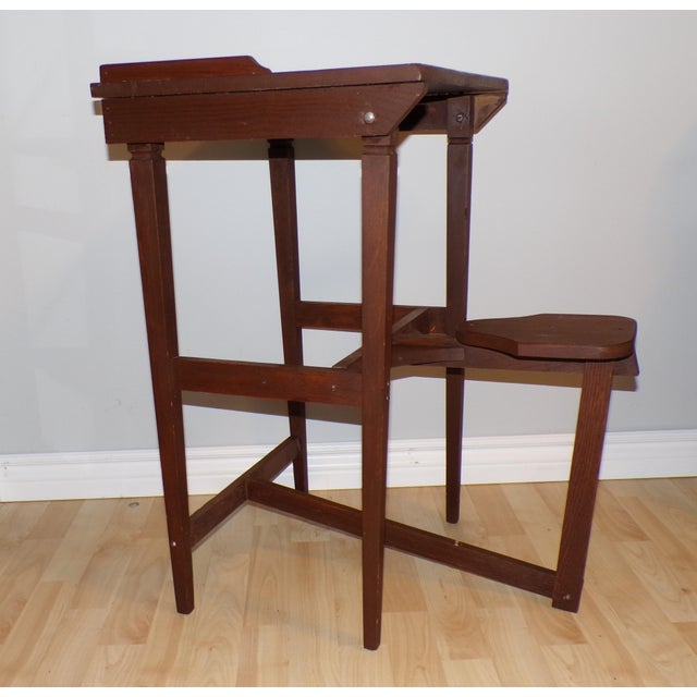 Vintage Mission Solid Oak Telephone Stand Childs Desk Integrated Fold Out Stool For Sale - Image 10 of 15