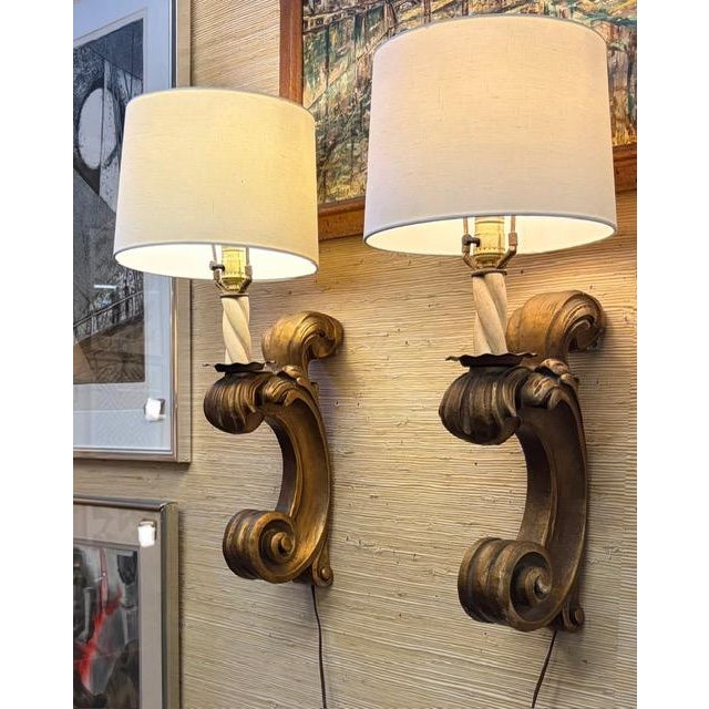 Baroque Wood Giltwood Wall Sconces With Shades For Sale - Image 3 of 8